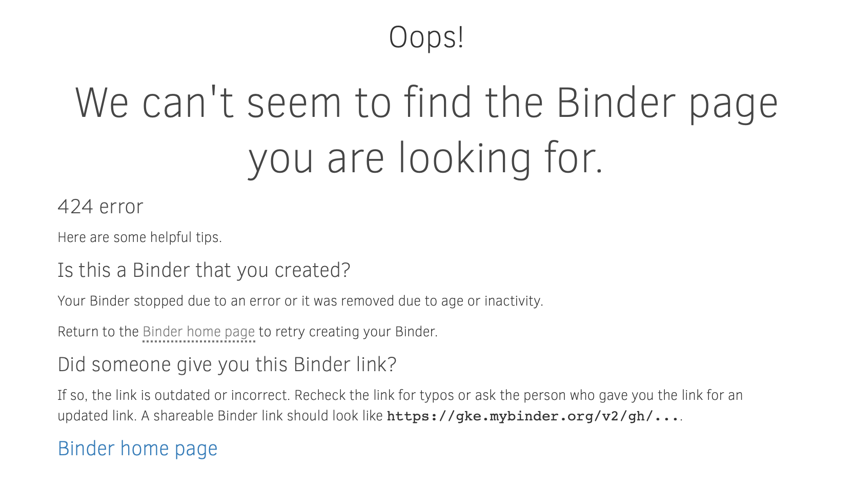 screenshot of mybinder.org 404