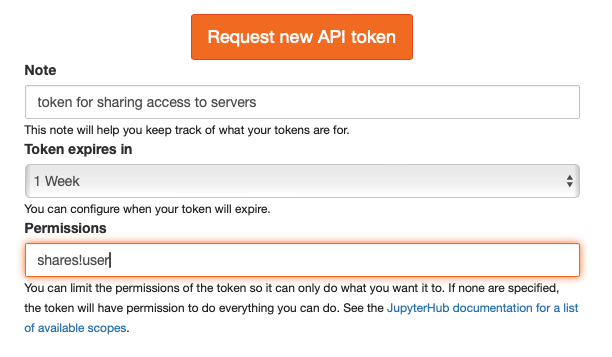 JupyterHub Token page requesting a token with scopes "shares!user"